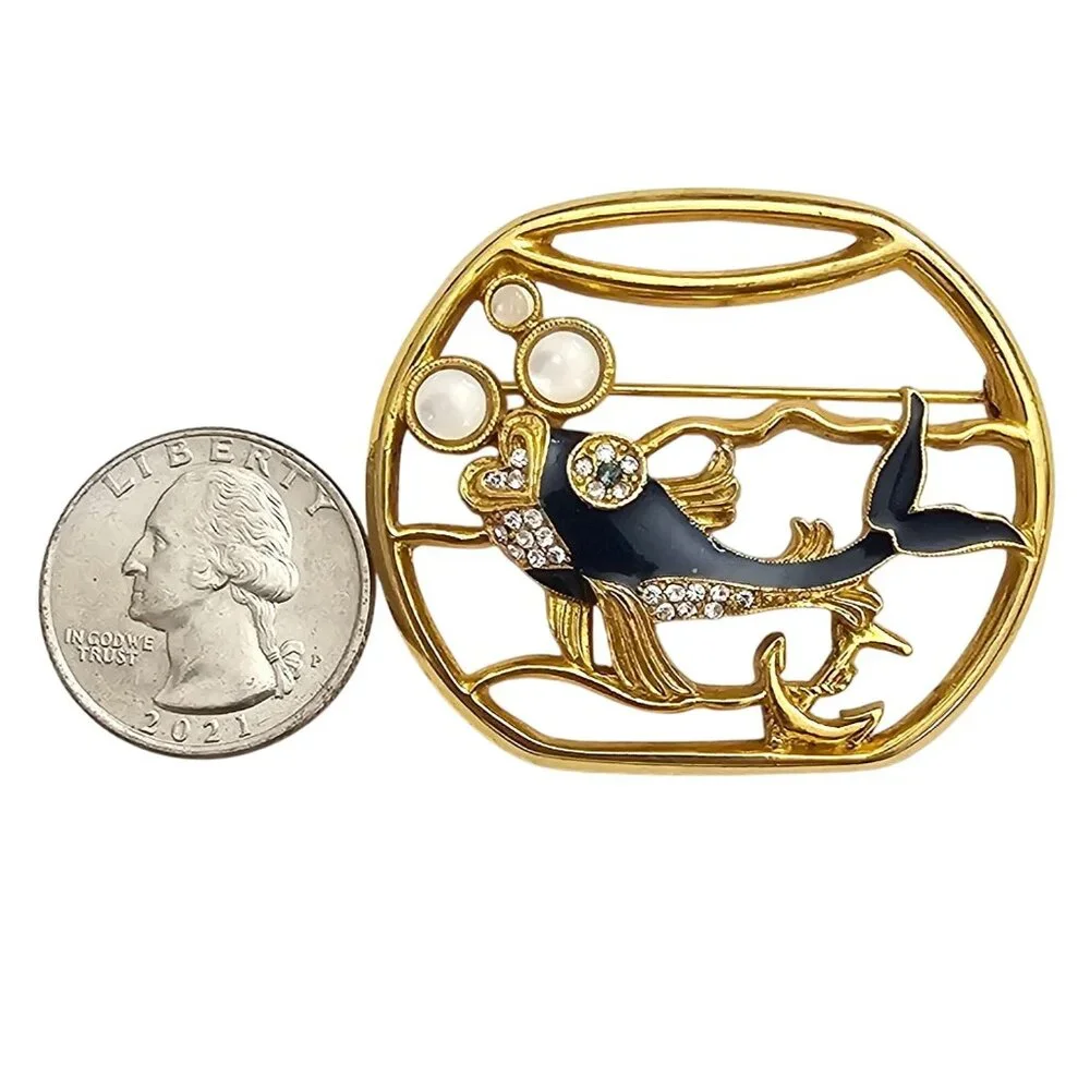 1928 Brand Fish In Bowl Brooch Mother Of Pearl Cab Blue Enamel Pin J295